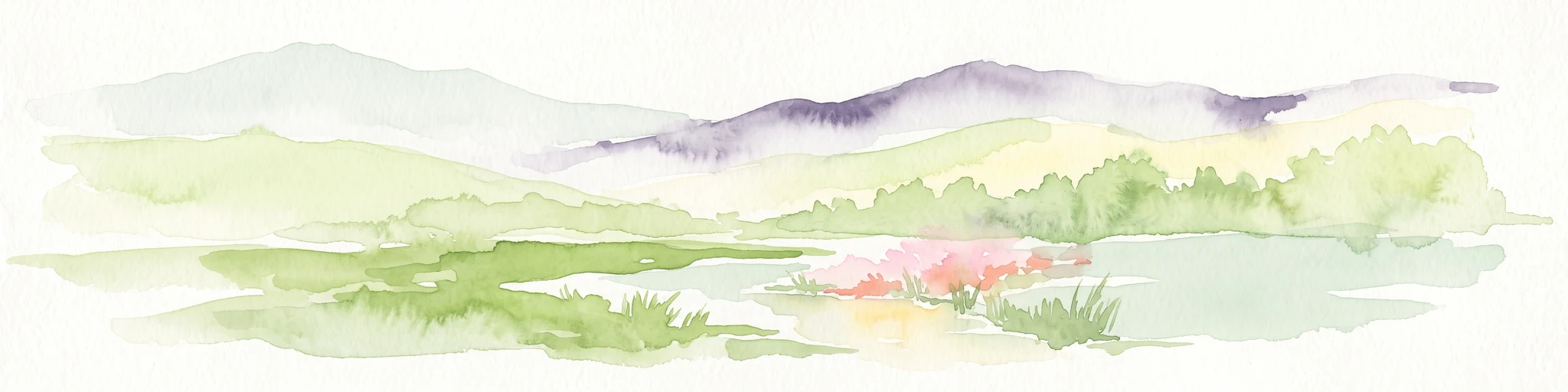 Watercolor painting of a soft landscape with distant purple and grey hills, green fields, trees, and a small pinkish flower cluster near a small pool of water.