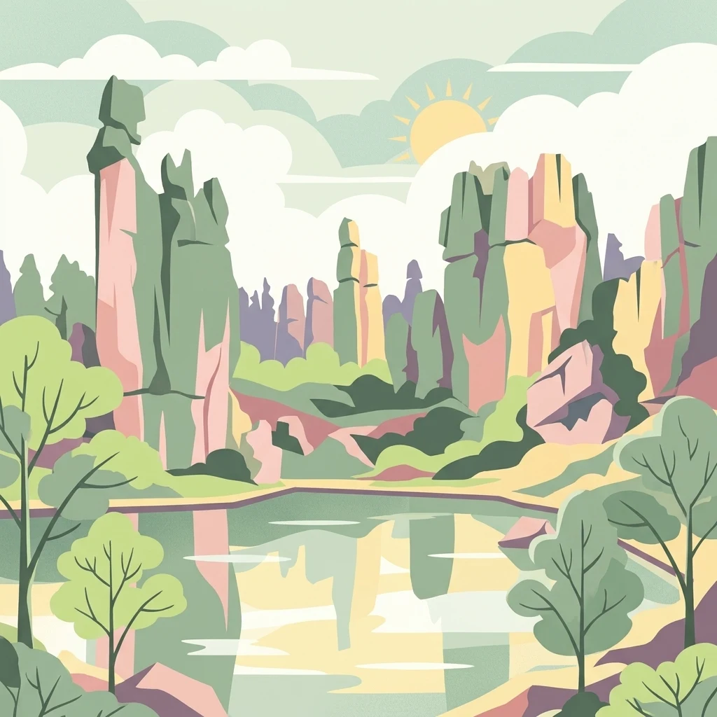 Una ilustración vectorial estilizada que muestra formaciones rocosas cársticas en forma de pilares altos en tonos rosados y verdes, rodeadas de árboles y reflejadas en un cuerpo de agua tranquilo bajo un cielo soleado.