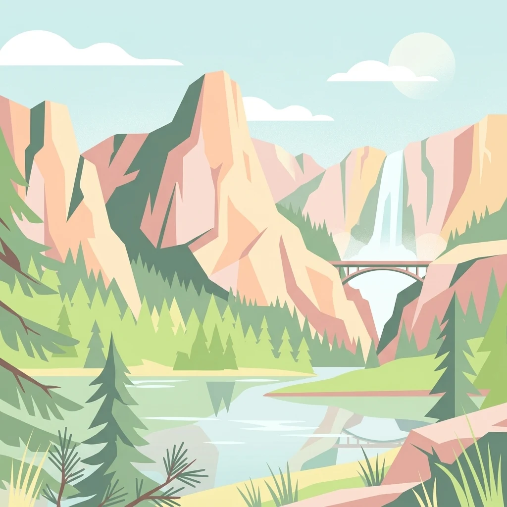 Una ilustración digital de estilo plano de una cadena montañosa, una cascada alta, un puente arqueado, un bosque de pinos y un río que refleja la escena.