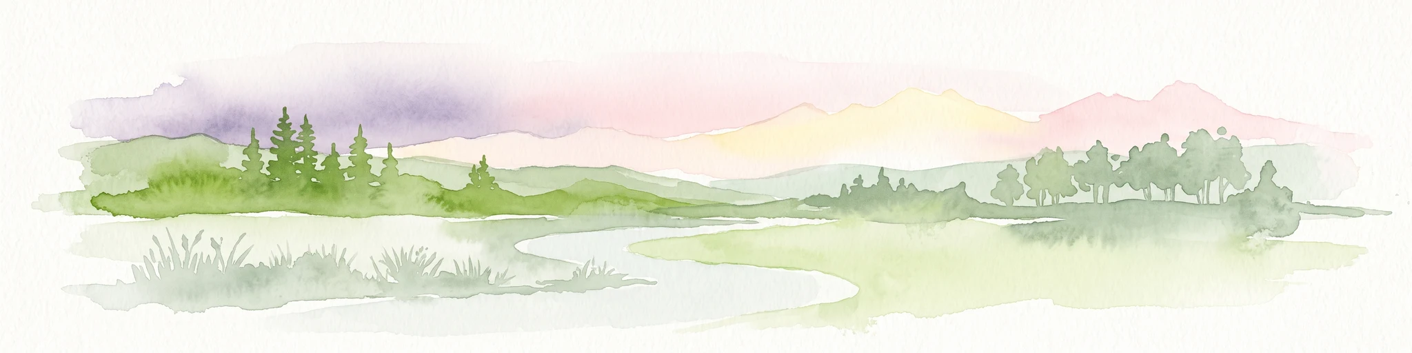 Watercolor painting of a peaceful mountain valley landscape, showing a small winding stream in the foreground, grassy meadows, clusters of pine trees, and rolling mountain peaks in a soft, sunset-colored sky.