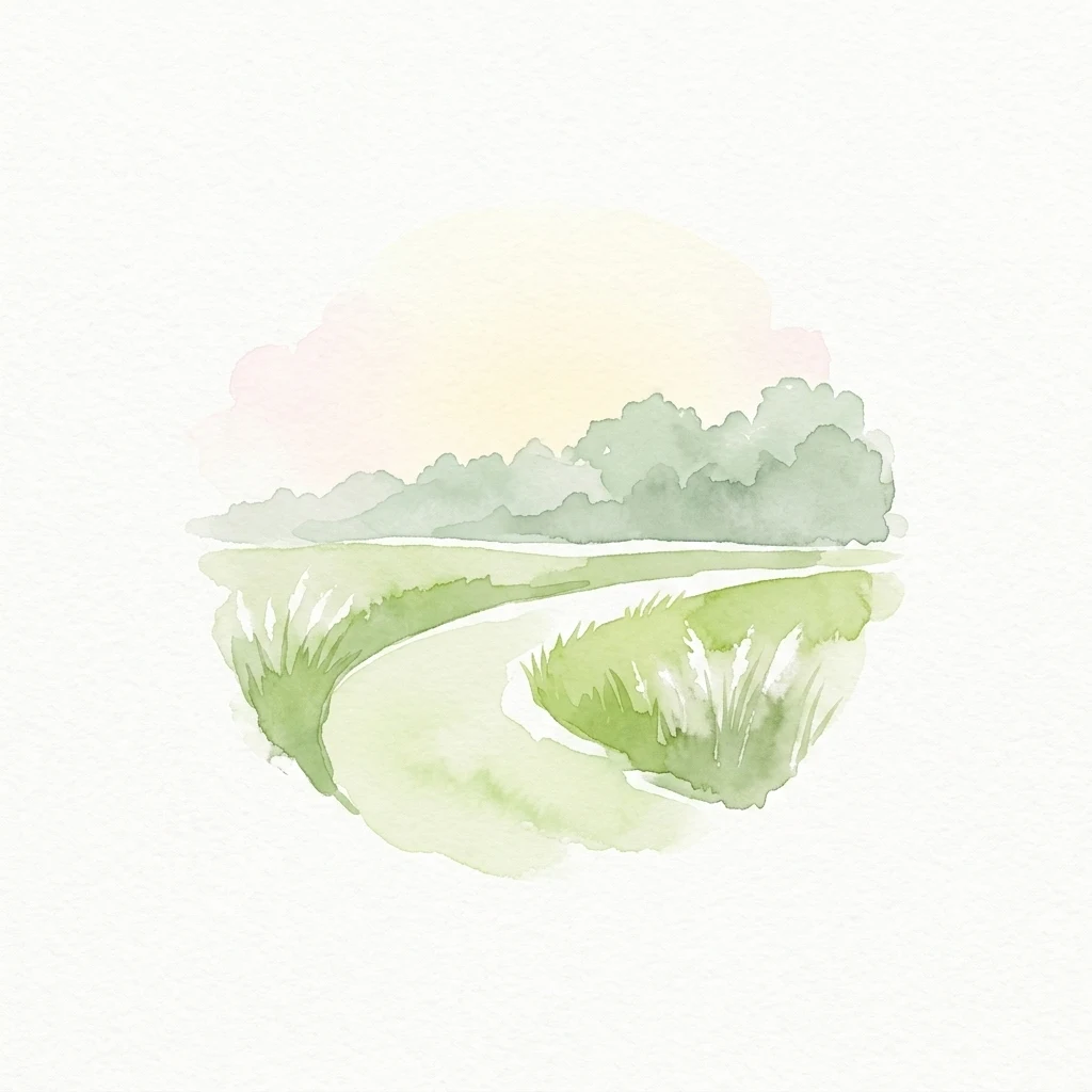 Watercolor painting of a winding path through grassy fields with trees and a pastel sky