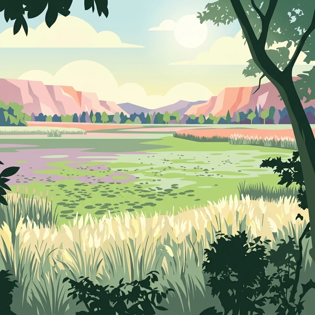 Stylized illustration showing tall grasses in the foreground, a body of water, green fields, and mountains under a partly cloudy sky