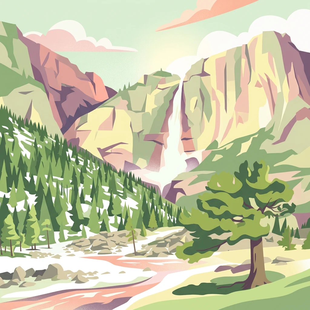 Ilustración de un paisaje montañoso con una cascada, laderas boscosas, un río y un árbol prominente en primer plano