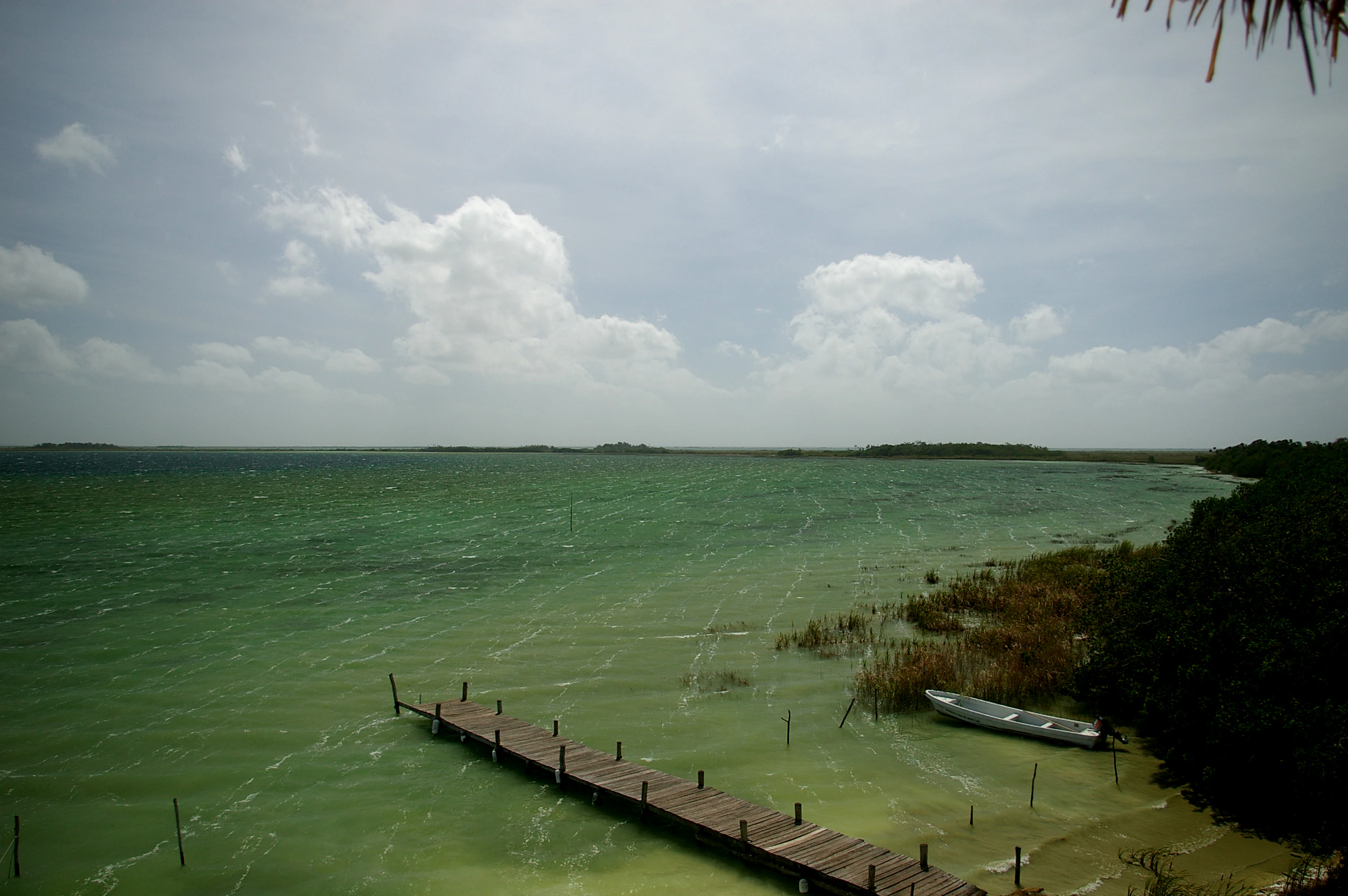 A wooden pier extends into the green waters of Muyil Lagoon, with a small boat moored near the shore under a cloudy sky.