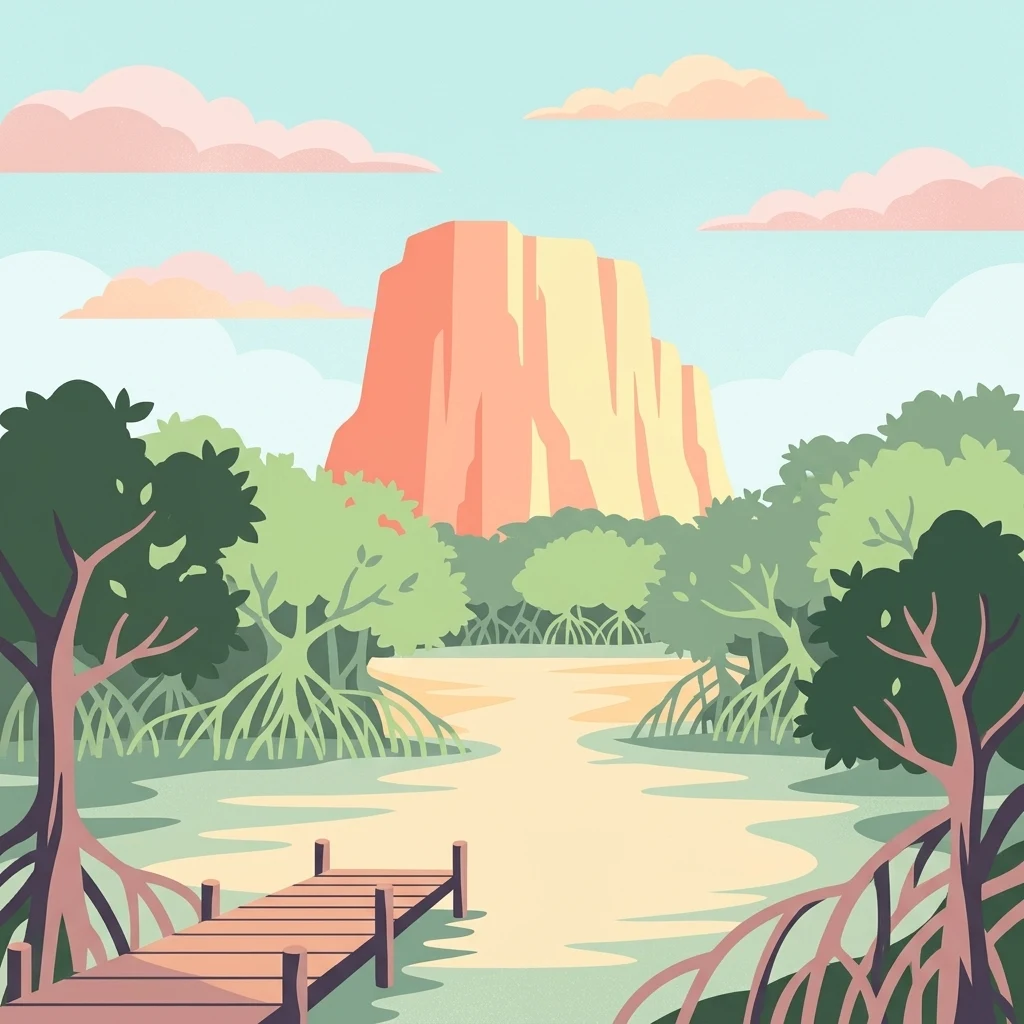 A digital illustration of a wooden pier leading into a calm, shallow waterway surrounded by mangrove trees, with a large, flat-topped orange-tinted rock formation under a pale blue sky with pink clouds.