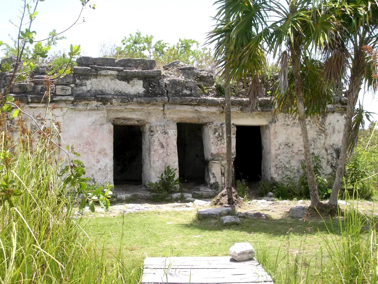 A weathered, ancient stone temple with three doorways stands partially hidden by lush green vegetation and palm trees in Sian Ka'an.