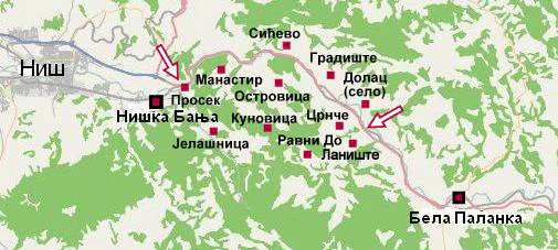 A geographical map of the Sićevo Gorge area with place names marked in Serbian Cyrillic script, showing topographical features and nearby settlements including Niš and Bela Palanka