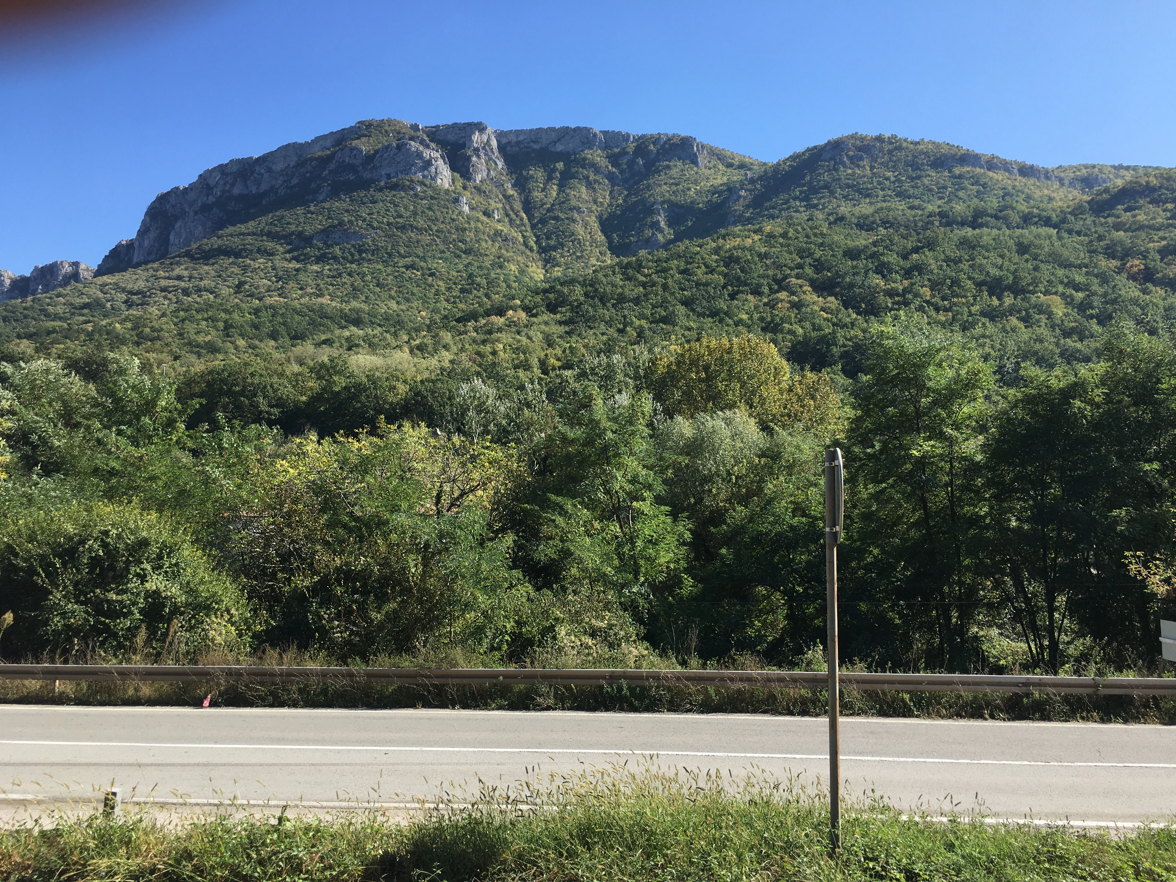 Road with guardrail and signpost in foreground, forested mountain range in background under clear blue sky
