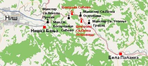 Map of Sićevo Gorge showing geographic layout with location markers for monasteries, villages, and towns including Niš, Niška Banja, and Bela Palanka