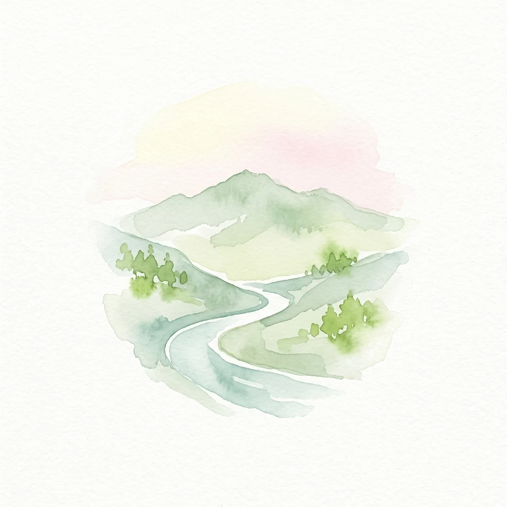 Watercolor illustration of a winding river through mountainous terrain with trees