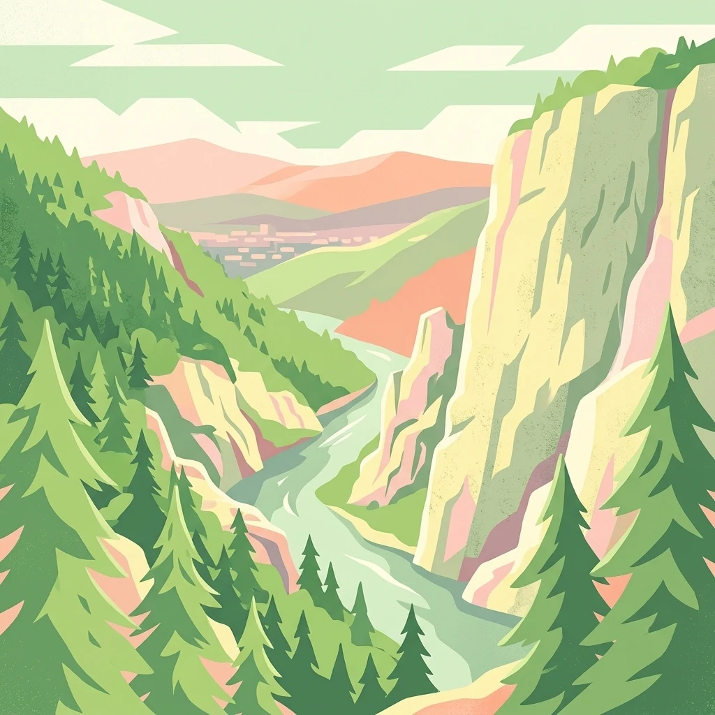Stylized illustration showing a gorge with a winding river, tall limestone cliffs, and pine trees