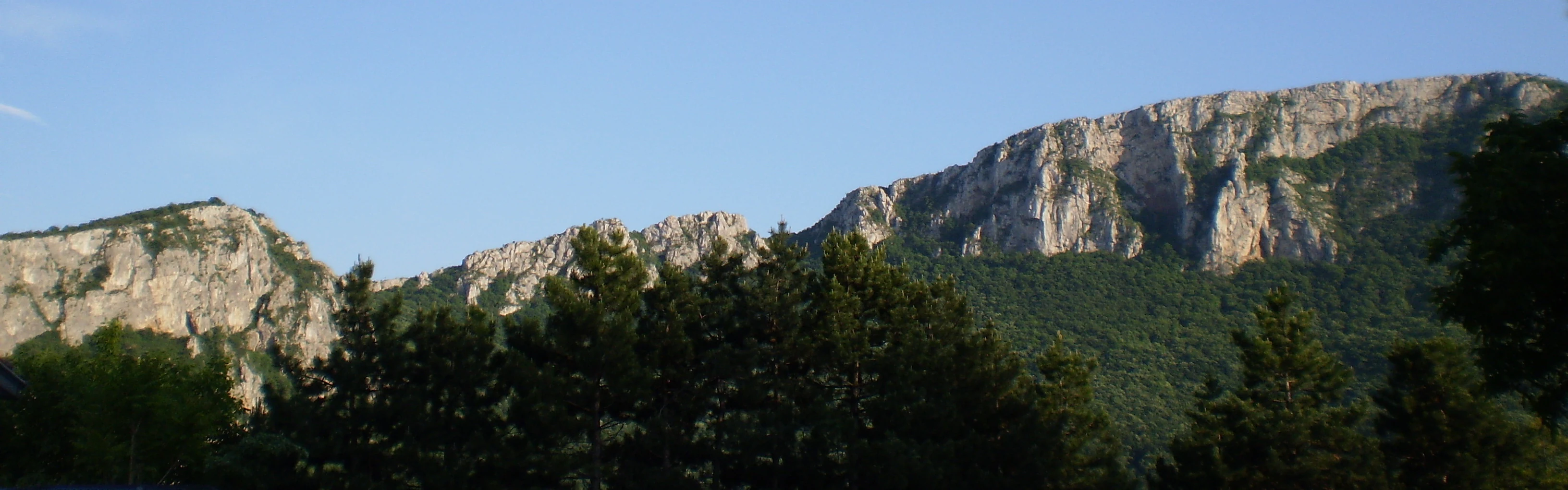 Limestone cliffs and forested slopes of Sićevo Gorge with Kunovica Plateau under clear blue sky.