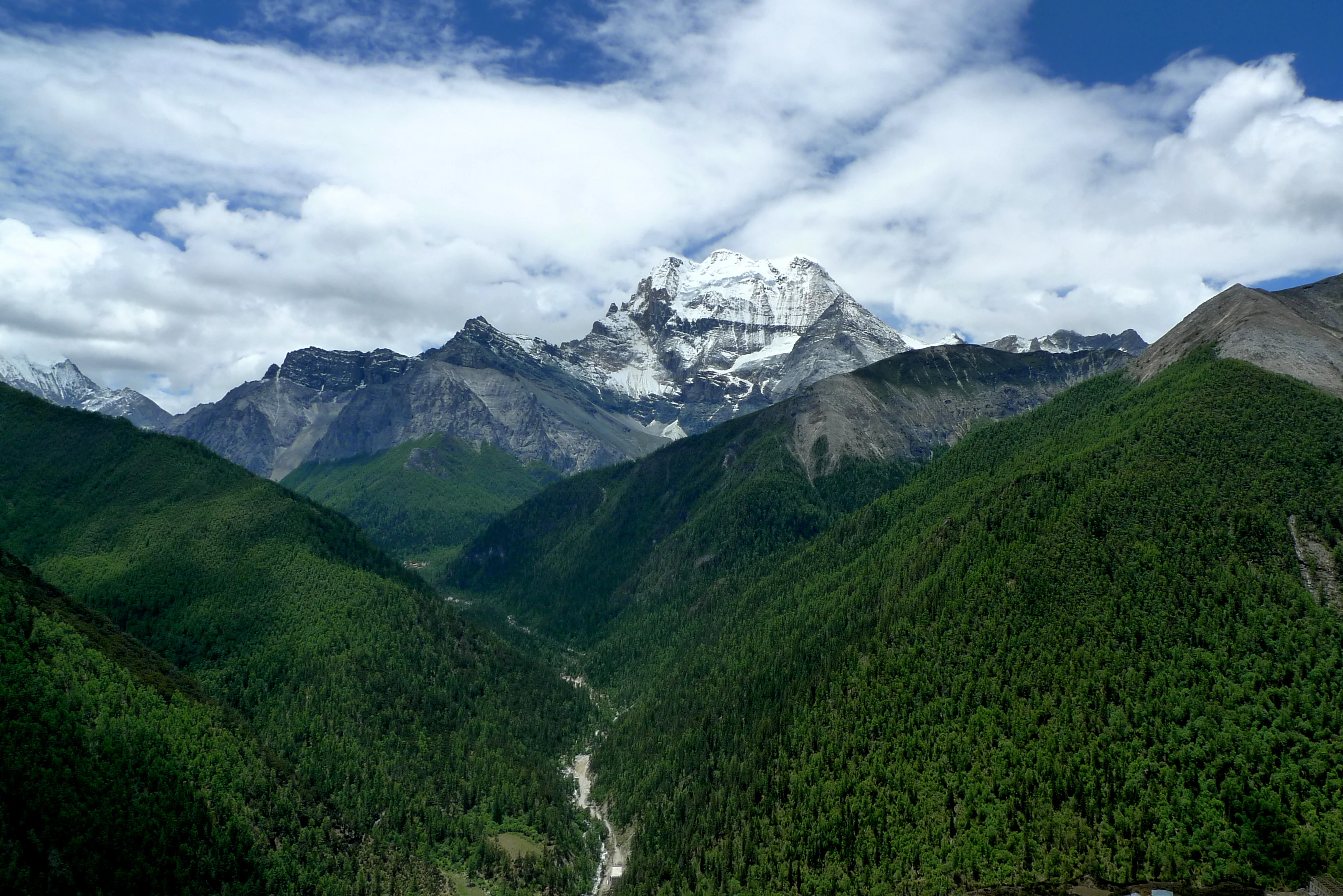 A wide scenic view of a forested alpine valley with a snow-capped mountain peak in the distance under a blue sky with white clouds.