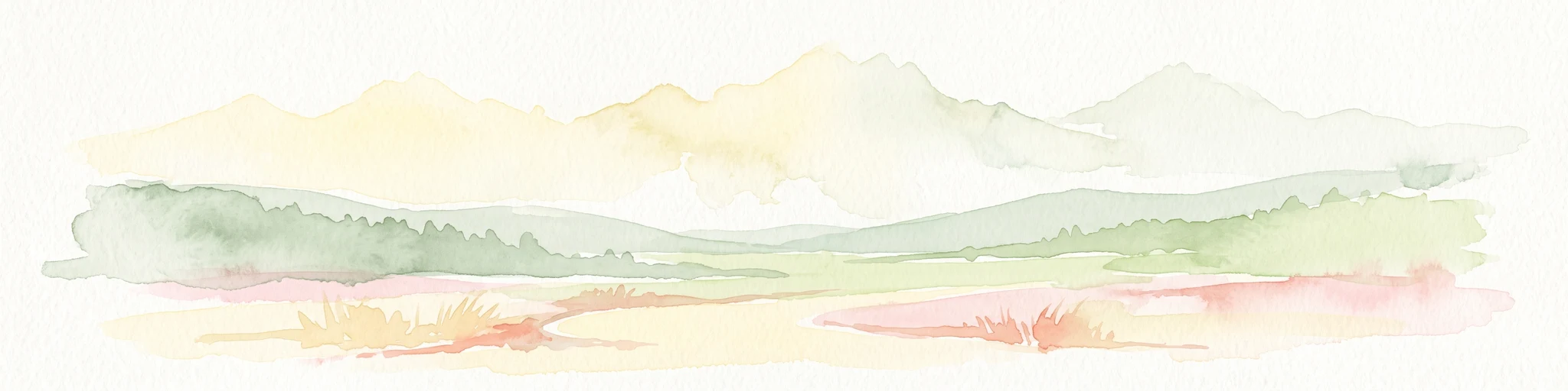 Una pintura minimalista en acuarela con capas suaves y abstractas de colinas verdes onduladas en el plano medio y picos montañosos pálidos y brumosos al fondo, sobre un fondo claro.