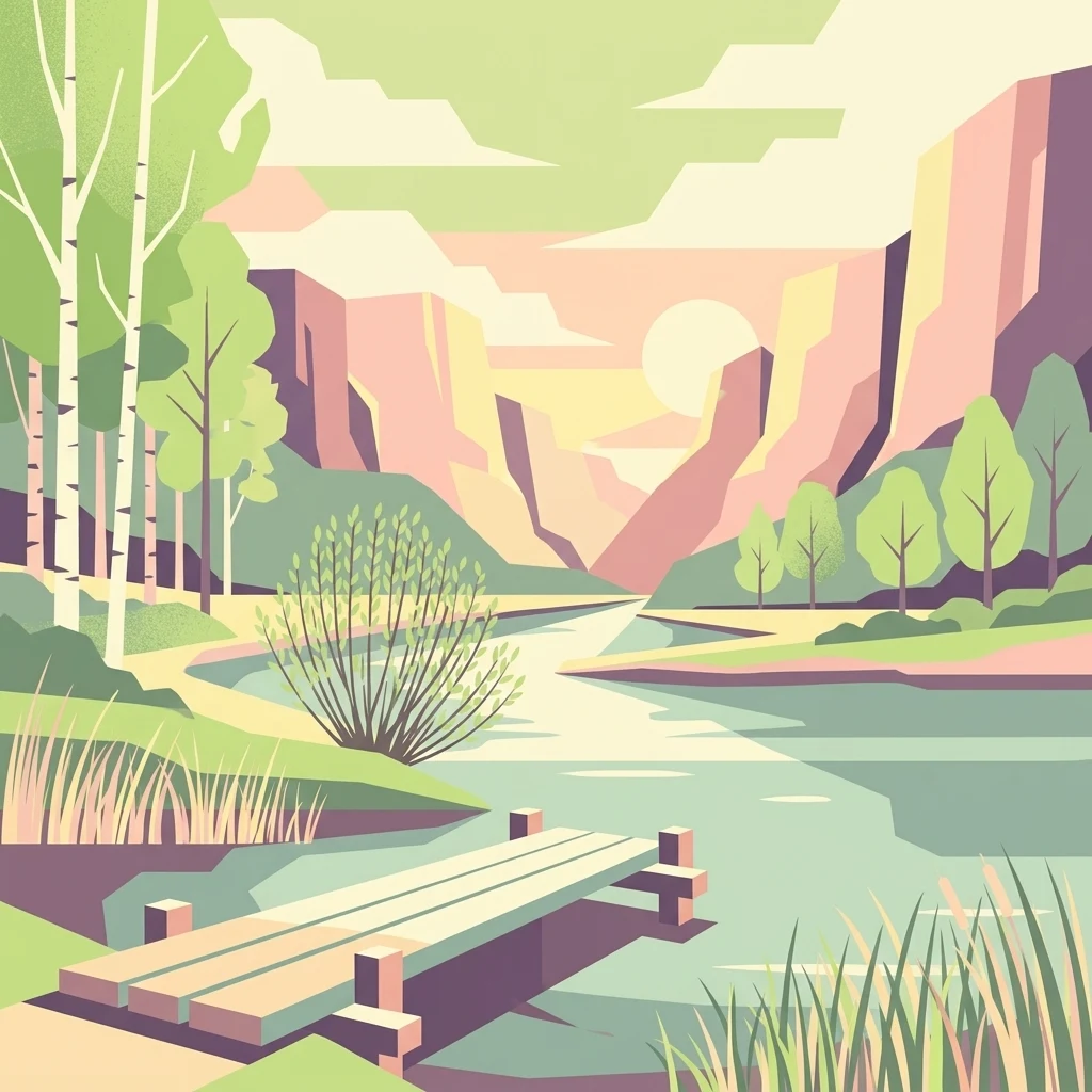 A flat-style digital illustration showing a wooden footbridge extending into a calm pond, surrounded by grassy banks, birch trees, and distant hills under a soft sun.