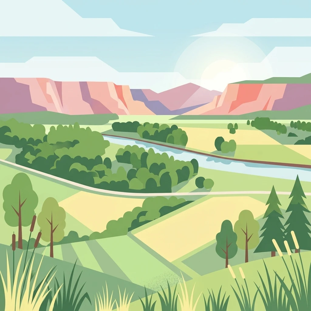 A flat-style digital illustration depicting a winding river flowing through a lush floodplain with agricultural fields, trees, and distant hills under a soft sun.