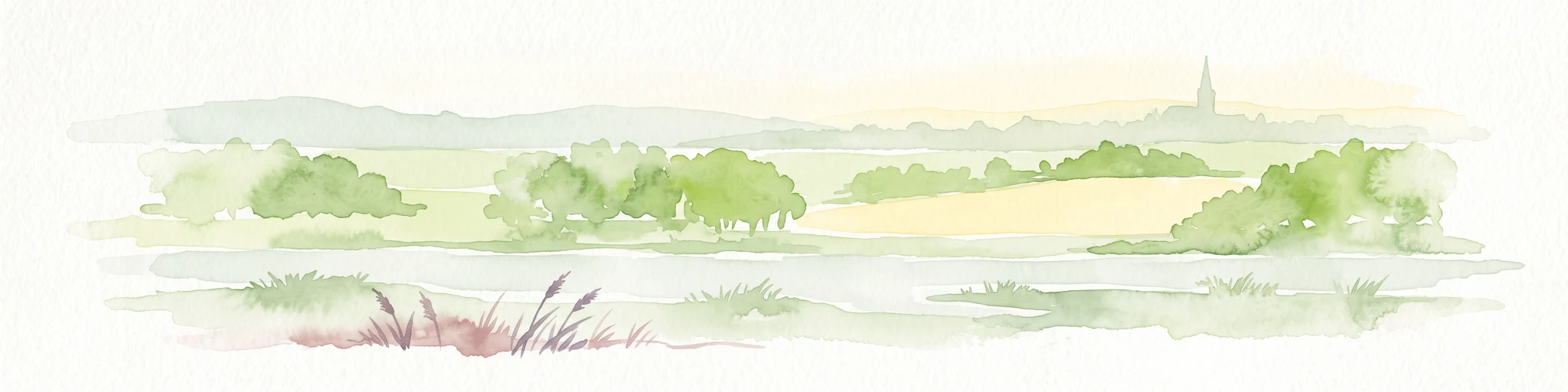 A horizontal watercolor painting of a river landscape with lush green trees, fields, and a distant church spire on the horizon.