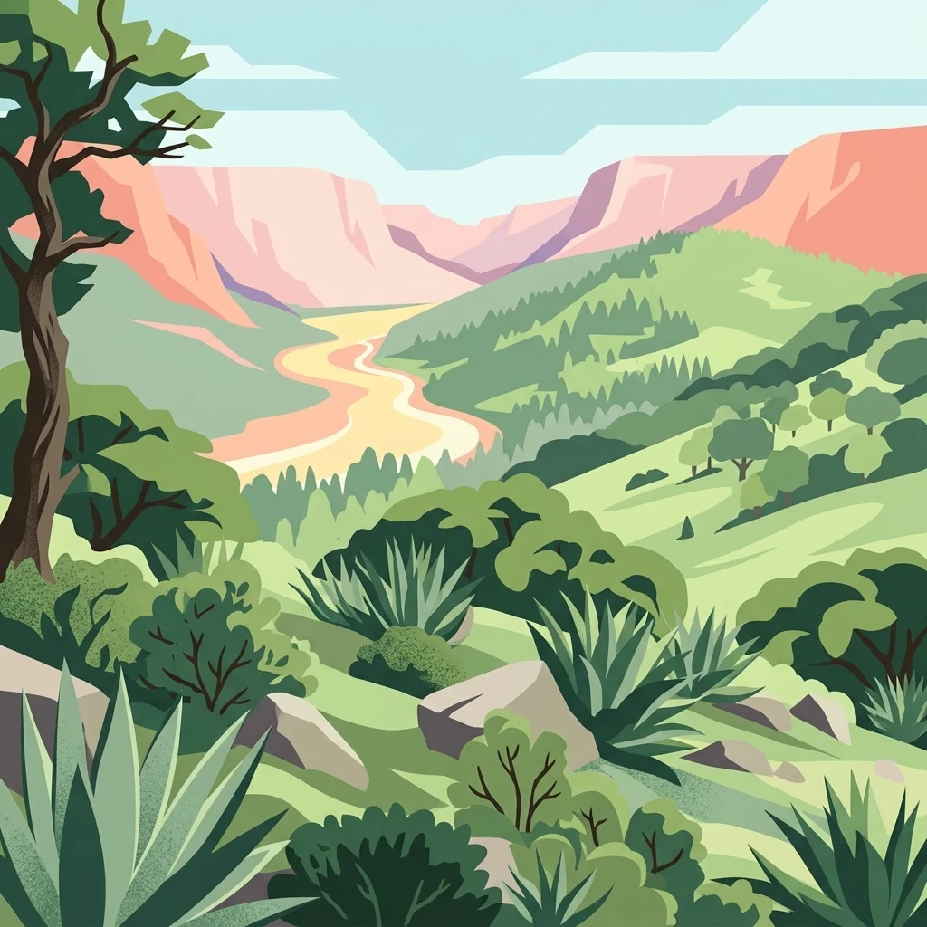 Una ilustración digital que muestra un amplio paisaje de cañón con laderas verdes cubiertas de hierba, robles dispersos, plantas de agave espinosas en primer plano y lejanos acantilados rocosos rosados bajo un cielo brillante.