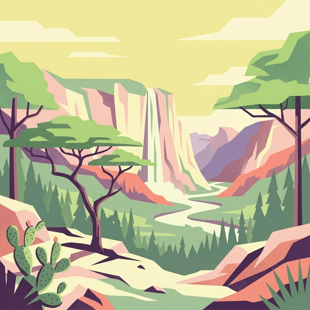 A flat-style digital illustration depicting a mountain valley, a tall thin waterfall in the background, a winding river, forest, and cacti in the foreground.