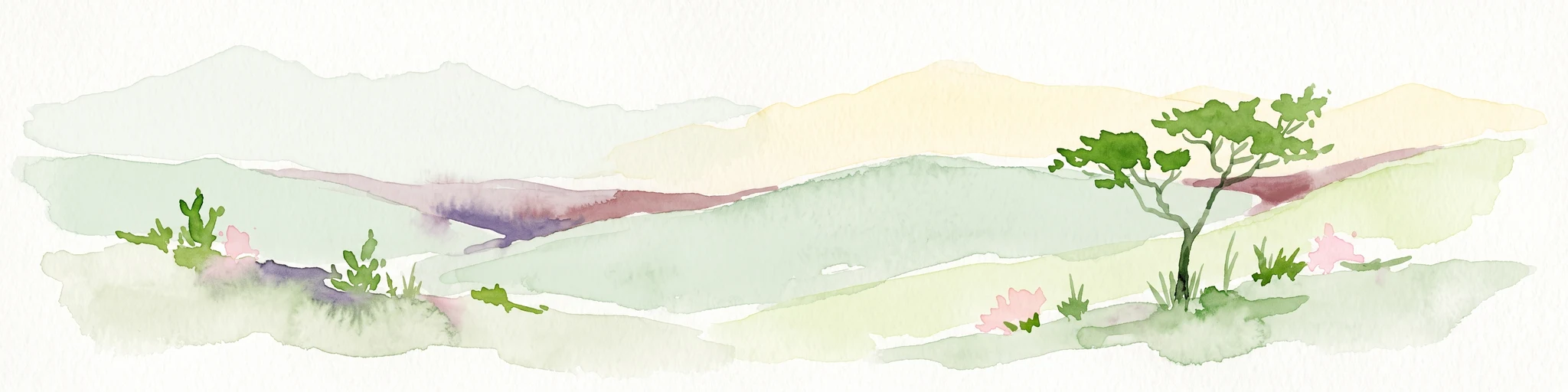 A minimalist watercolor painting of a dry landscape with rolling hills, a single tree in the foreground, and sparse vegetation, rendered in soft green and earth tones.