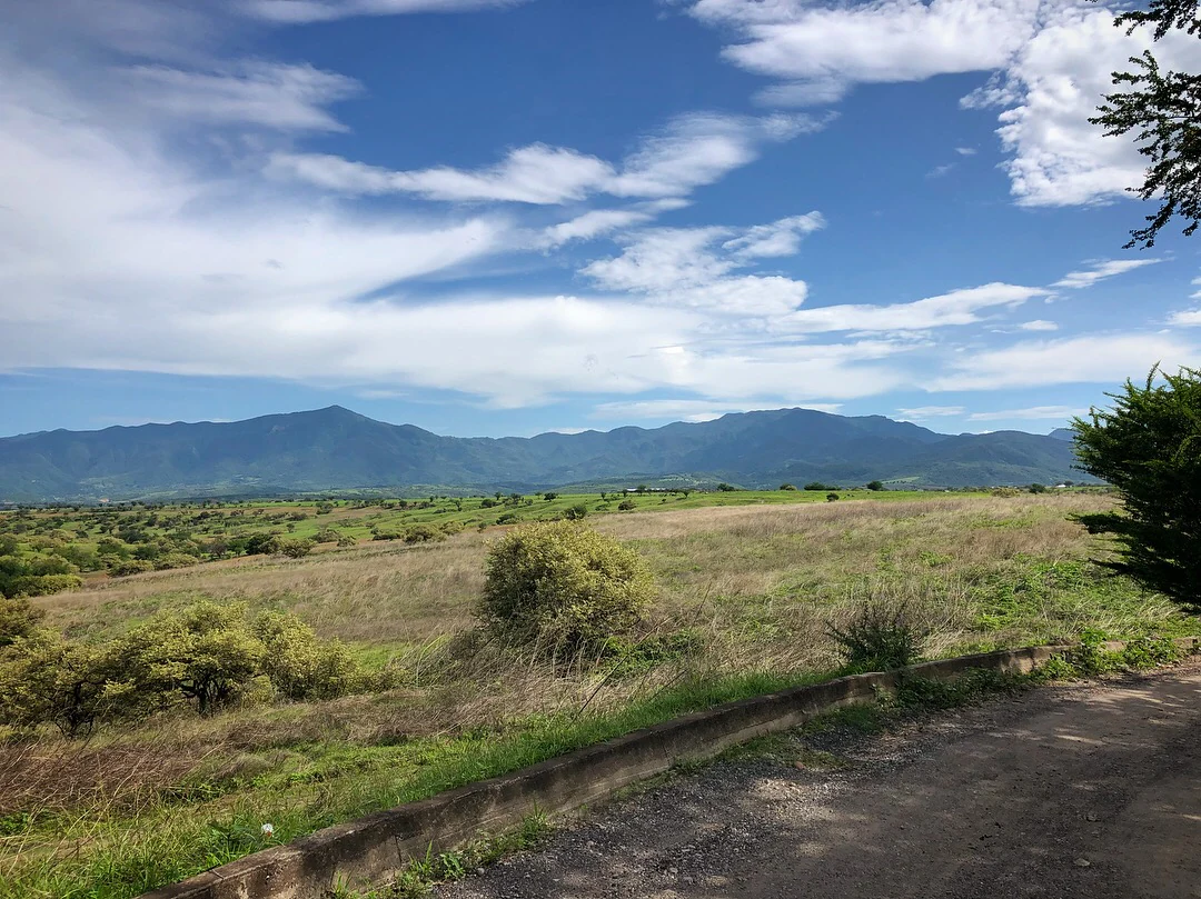 A wide shot of a grassy, brush-covered plain in the foreground leading toward a mountain range under a cloudy blue sky.