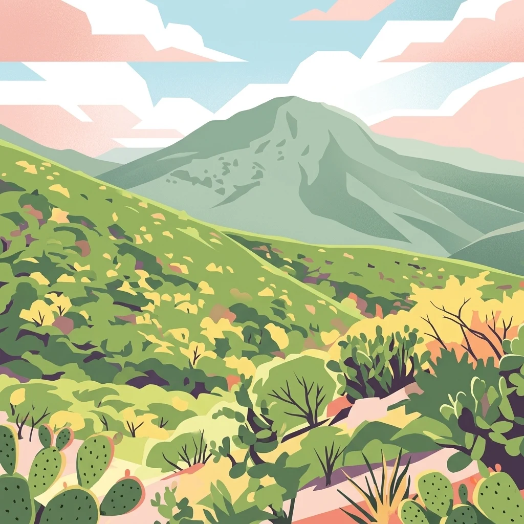 A digital illustration depicting a rolling mountain range under a light sky with clouds, with various cacti and shrubs in the foreground.