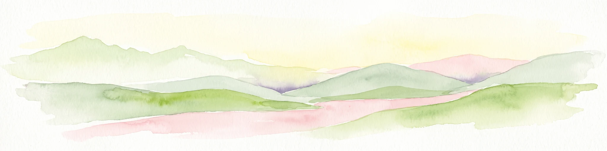 A soft watercolor painting of layered green and pink hills under a pale yellow sky.