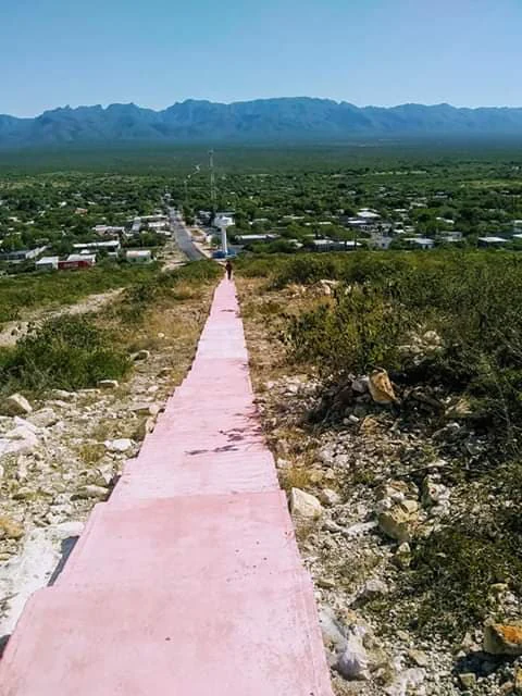 A long, wide, light-pink concrete staircase descends through a rocky, scrub-covered hillside, overlooking a small town and a distant mountain range under a clear blue sky.