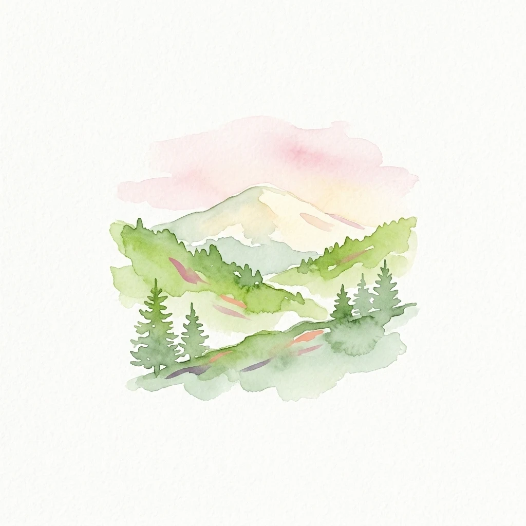 Watercolor illustration of a mountain range with green slopes, pine trees, and a pink sky.