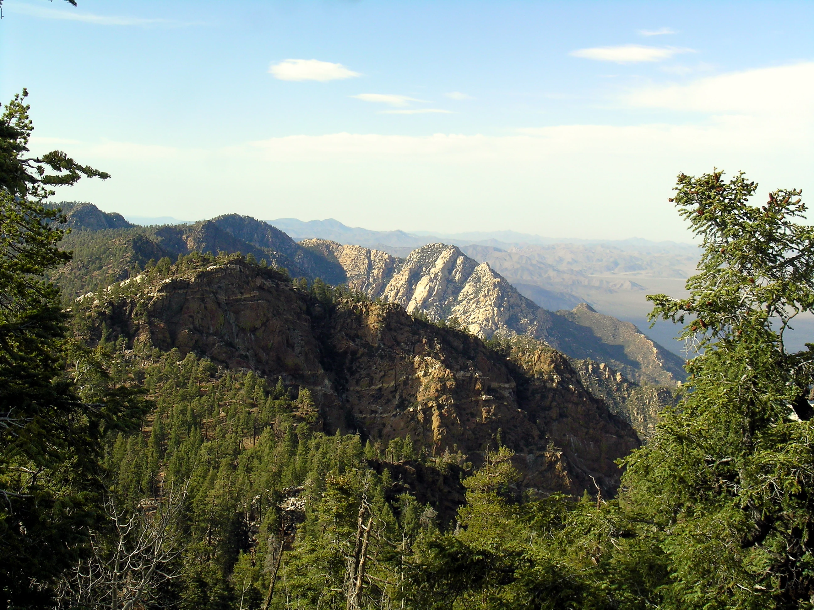 Mountain range view with rocky peaks, forests, and clear sky