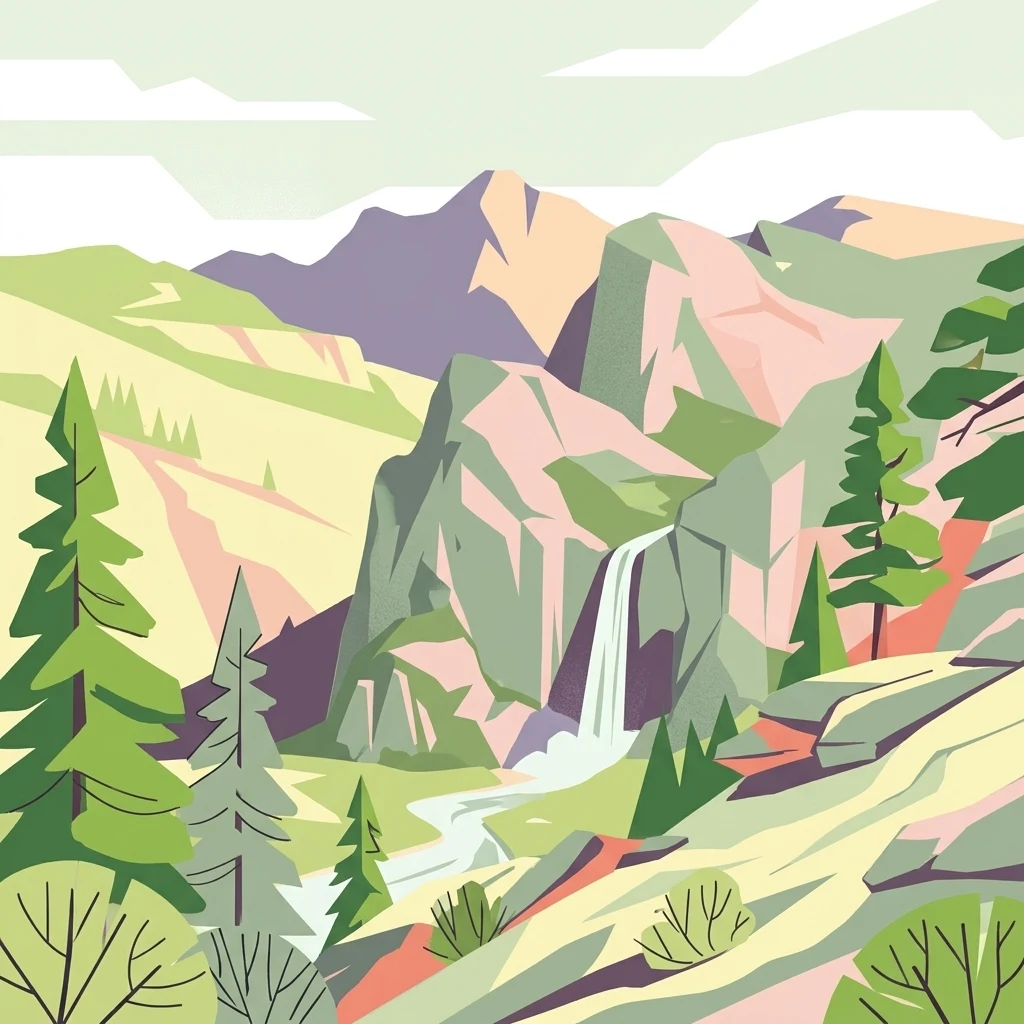 Illustration of mountain landscape with waterfall, pine trees, and rocky terrain
