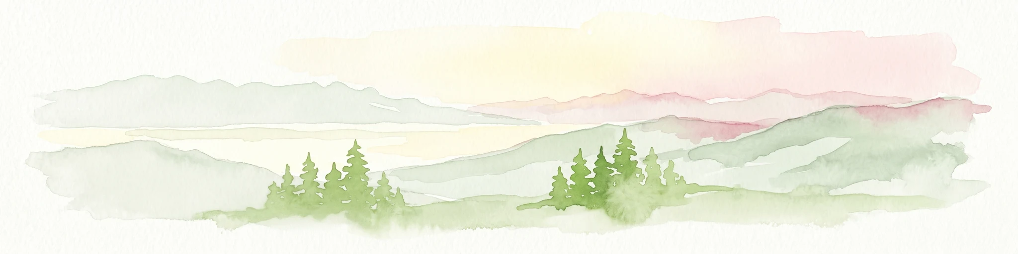 Pintura de acuarela de un paisaje montañoso con pinos, colinas ondulantes y un cielo pastel