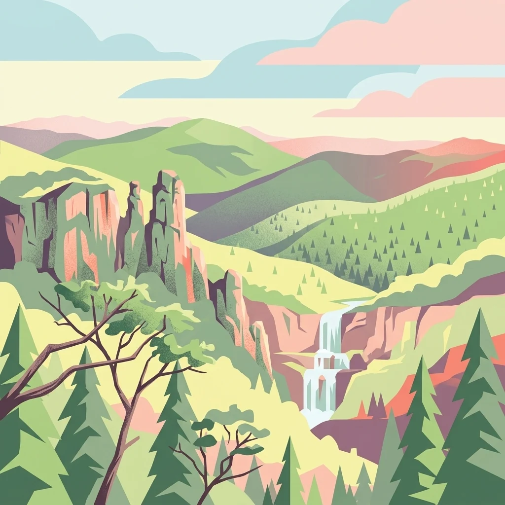 A colorful digital illustration depicting a mountain landscape with green hills, rocky cliffs, pine trees in the foreground, and a waterfall in the distance under a sky with pink and blue clouds.