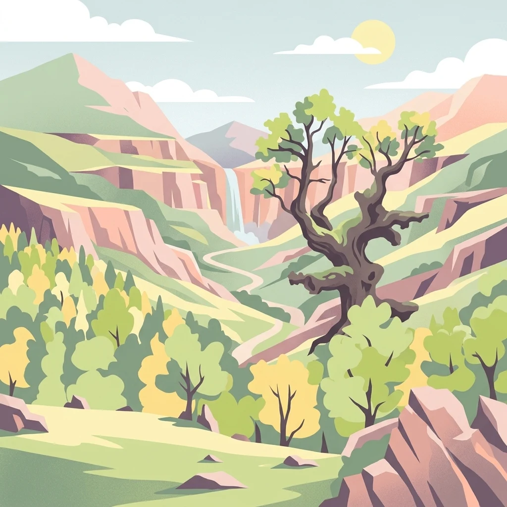 A flat-style vector illustration of a mountain landscape featuring a central waterfall flowing into a stream, surrounded by trees and rugged peaks.