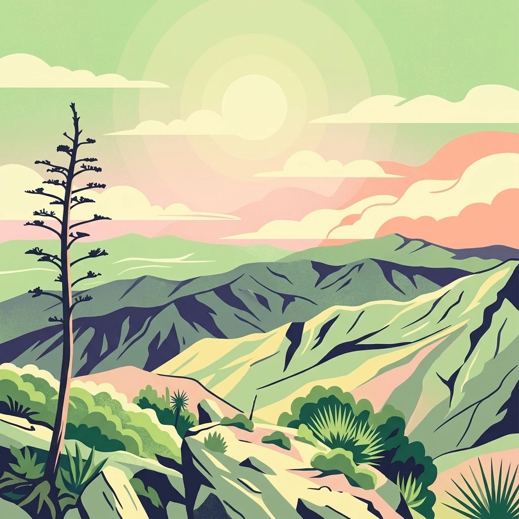 Una ilustración digital estilizada de las escarpadas montañas de la Sierra La Laguna bajo un cielo pastel con una planta desértica alta en primer plano.