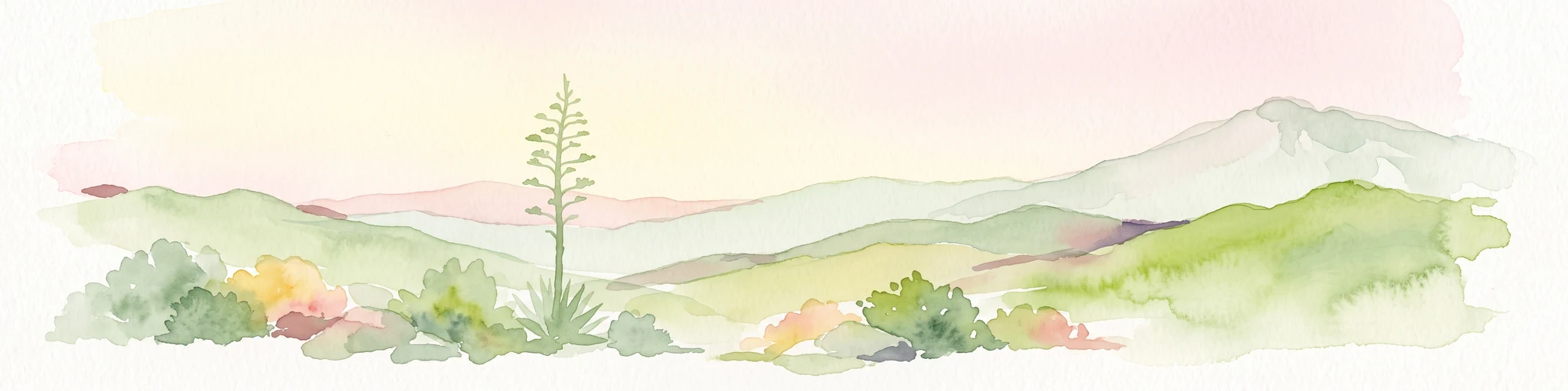 A watercolor painting of a mountain landscape with soft green hills and a tall desert plant in the foreground.