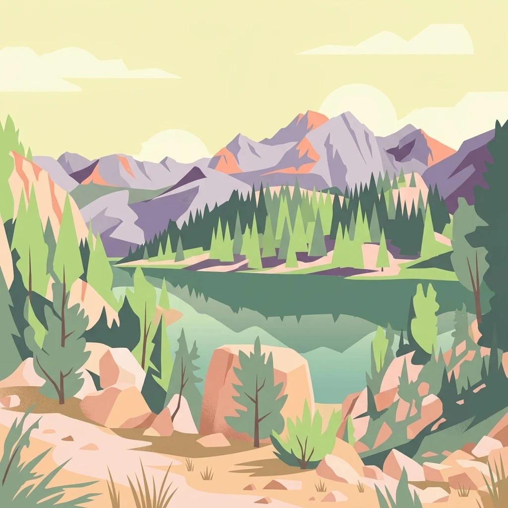 Ilustración digital en estilo vectorial de un tranquilo lago de montaña rodeado de bosques de pinos y picos rocosos bajo un cielo suave y pálido.
