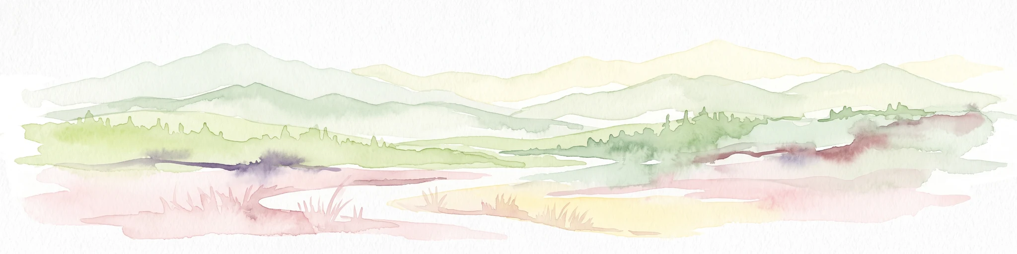 A soft watercolor painting showing a range of gentle rolling hills and mountains in pale green, yellow, and violet tones against a white background.