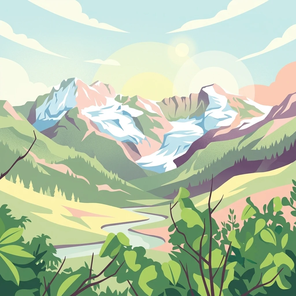 Paisaje ilustrado que muestra montañas nevadas, valles verdes, río y zonas boscosas