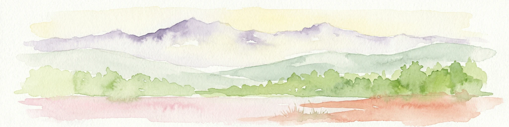 Watercolor painting showing mountain range with green forests and colorful landforms