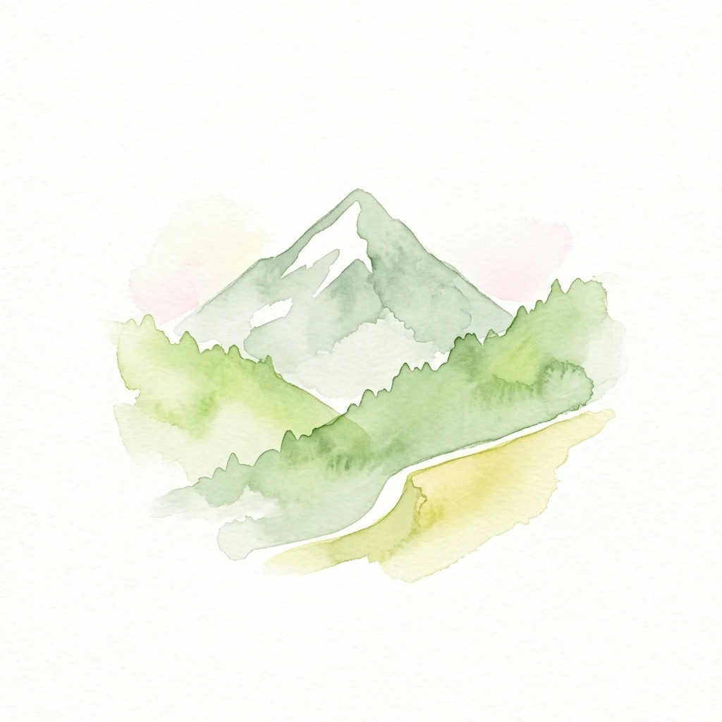 Watercolor painting depicting a snow-capped mountain peak surrounded by green forests and a winding path through a meadow