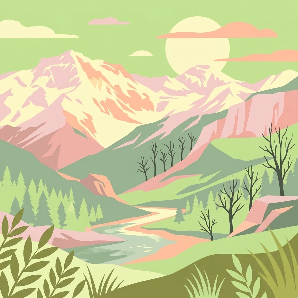 Stylized illustration showing mountain peaks, a river, and forests under a large sun