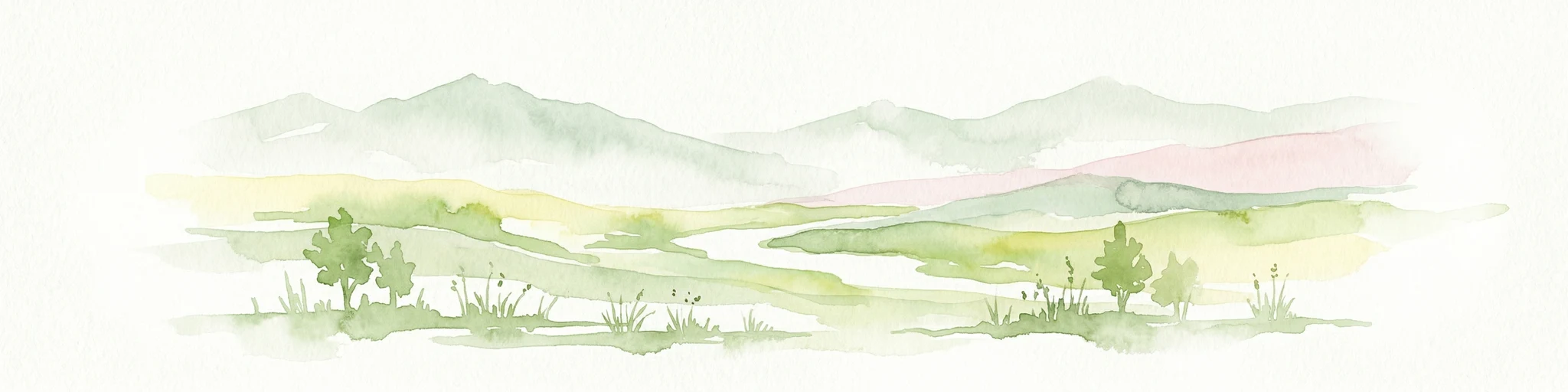 Pintura de acuarela que muestra montañas, árboles y campos