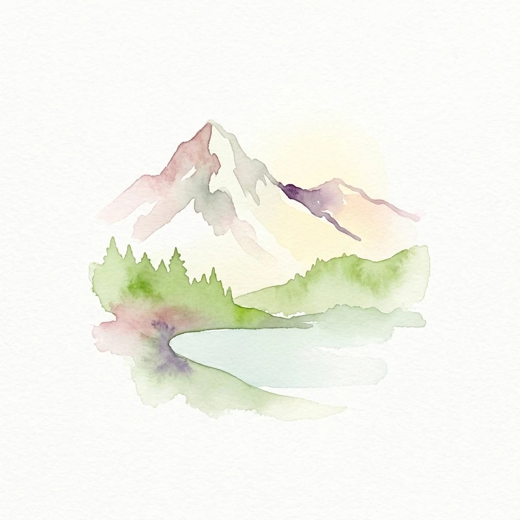 Watercolor painting showing a mountain with snow cap, forested slopes, and a lake reflection