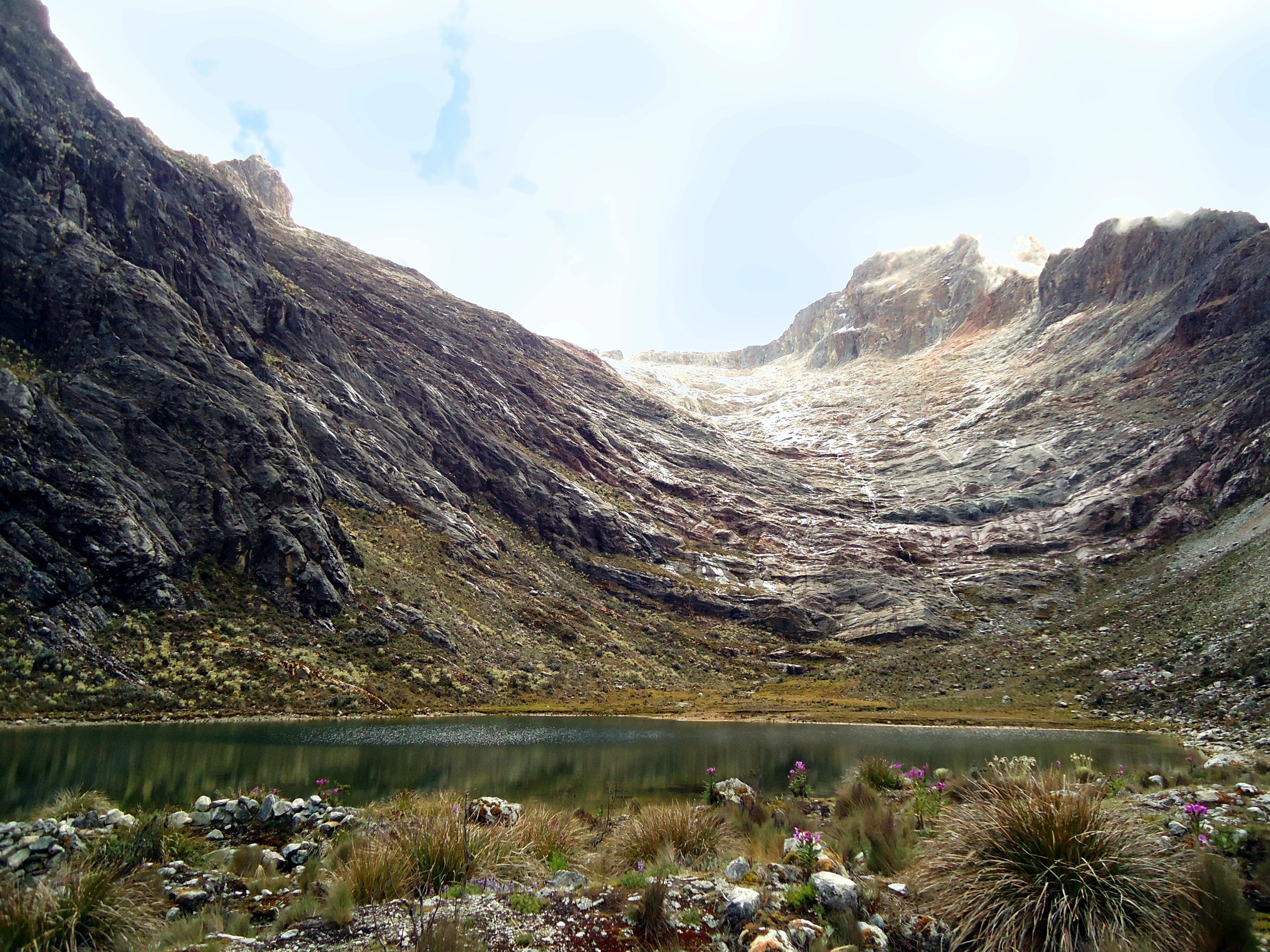 Laguna rodeada de montañas rocosas con un glaciar al fondo, vegetación en primer plano
