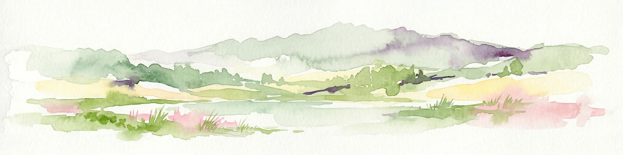 Watercolor painting showing green hills, a river, and distant mountains under a light sky