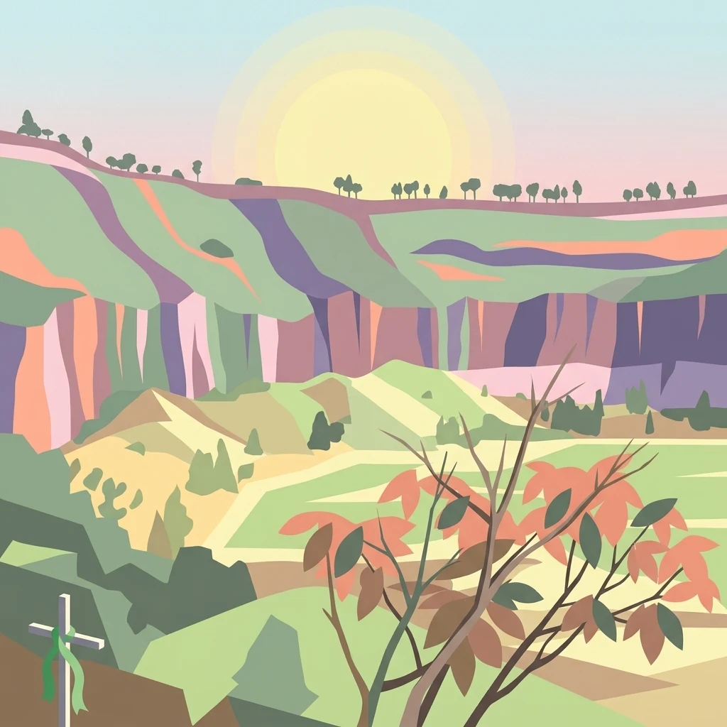 A colorful, flat-style vector illustration of a volcanic crater rim landscape under a pale sun. In the foreground, a small white cross stands to the left, and a leafy shrub occupies the right. The background features steep ridgelines and rolling hills in shades of green, brown, and violet.