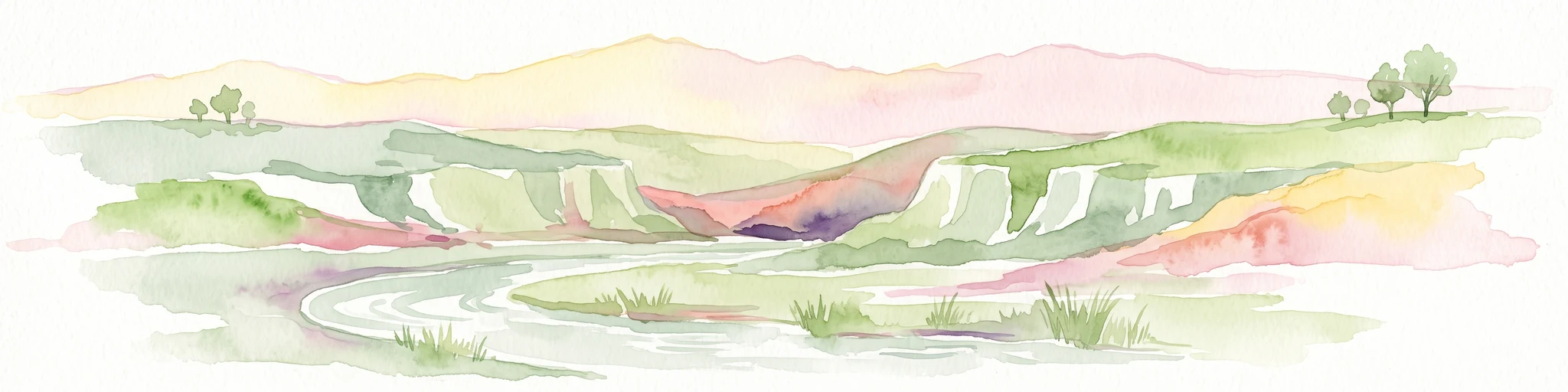 A soft watercolor painting showing a rolling landscape of light green hills, gentle slopes, and sparse trees against a pale, distant mountain horizon.