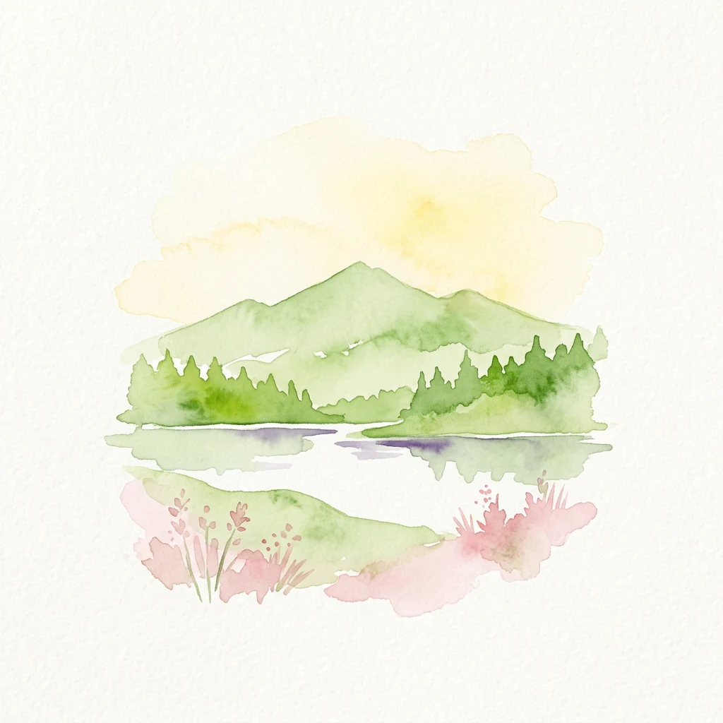 Ilustración acuarela de montañas con bosque, un lago y elementos florales rosas en primer plano
