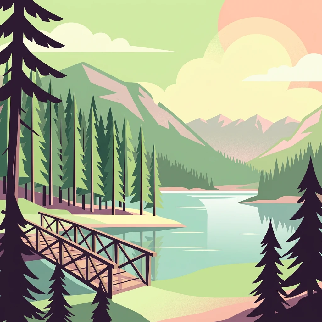 Ilustración de un puente de madera sobre un lago con pinos y una cordillera al fondo